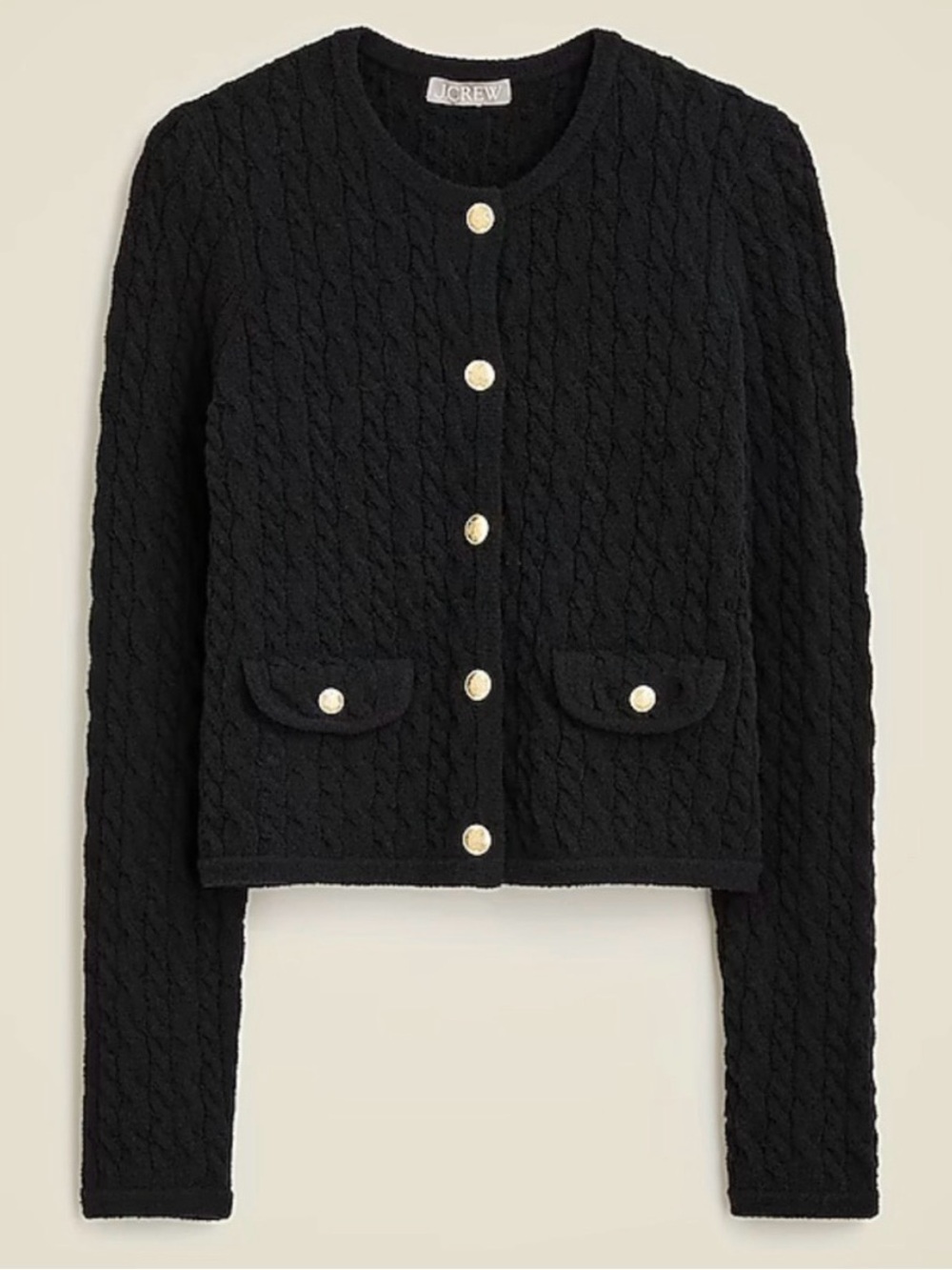 J. CREW Odette Cable Knit Boucle Sweater Lady Jacket Navy Blue Gold Crest L